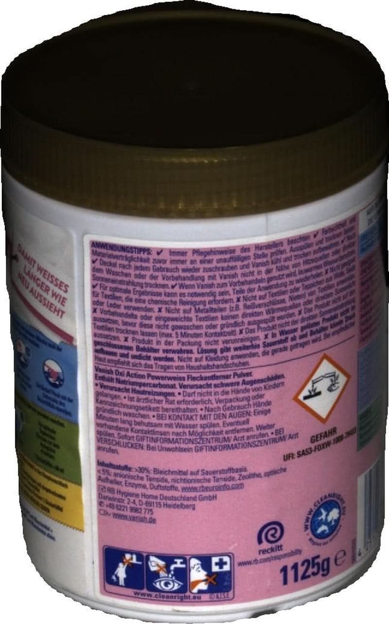 Vanish Oxi Action Powerwhite Powder - 1 X 1,125 Kg - odstraňovač skvrn a prášek pro zlepšení prádla bez chlóru - na bílé prádlo Prací prostředky Naty Shop