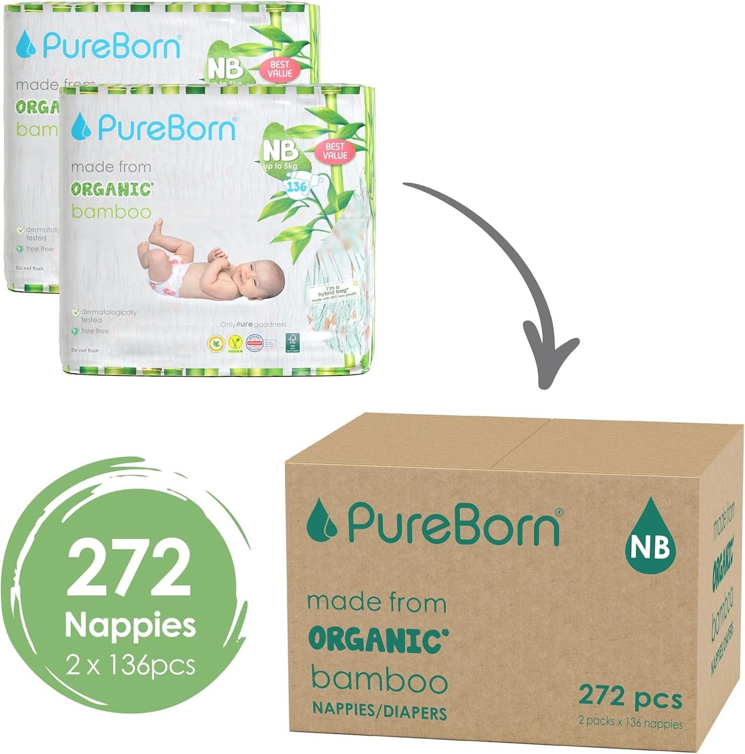 Bio bambusové plenky Pureborn Eco, novorozenecká velikost (do 5 kg), ekologické, hypoalergenní, ultra měkké, s indikátorem vlhkosti, různé potisky Mother and Baby Naty Shop