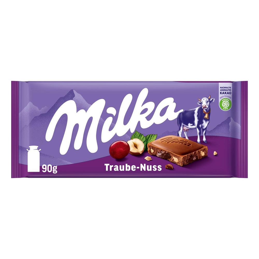 Milka Grapes and Hazelnuts – Čokoláda z alpského mléka s kousky lískových oříšků a rozinek – 90g