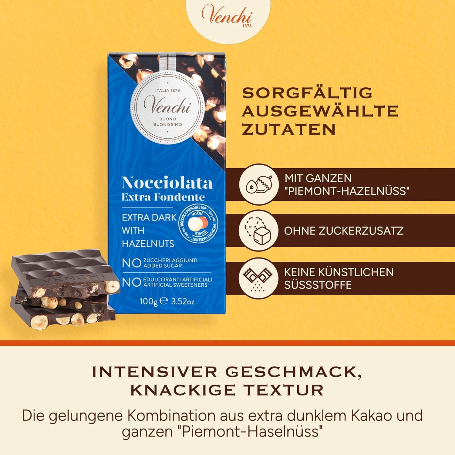 Venchi - Balení 6 kusů hořké čokolády s lískovými oříšky, 600 g - Bez přidaného cukru - Bez umělých sladidel - Bez lepku - Vegan - Tip na dárek