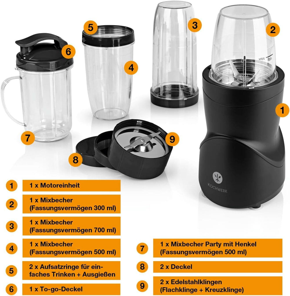Smoothie Maker 12-Tlg | To-Go Deckel & 4 Mixbehälter | Für Obst, Gemüse & Nüsse | Myth Ice-Crush Funktion | Mini-Standmixer Zum Mixen, Rühren, Zerkleinern, Mahlen, Hacken & Pürieren | Kuchyně Naty Shop bez BPA