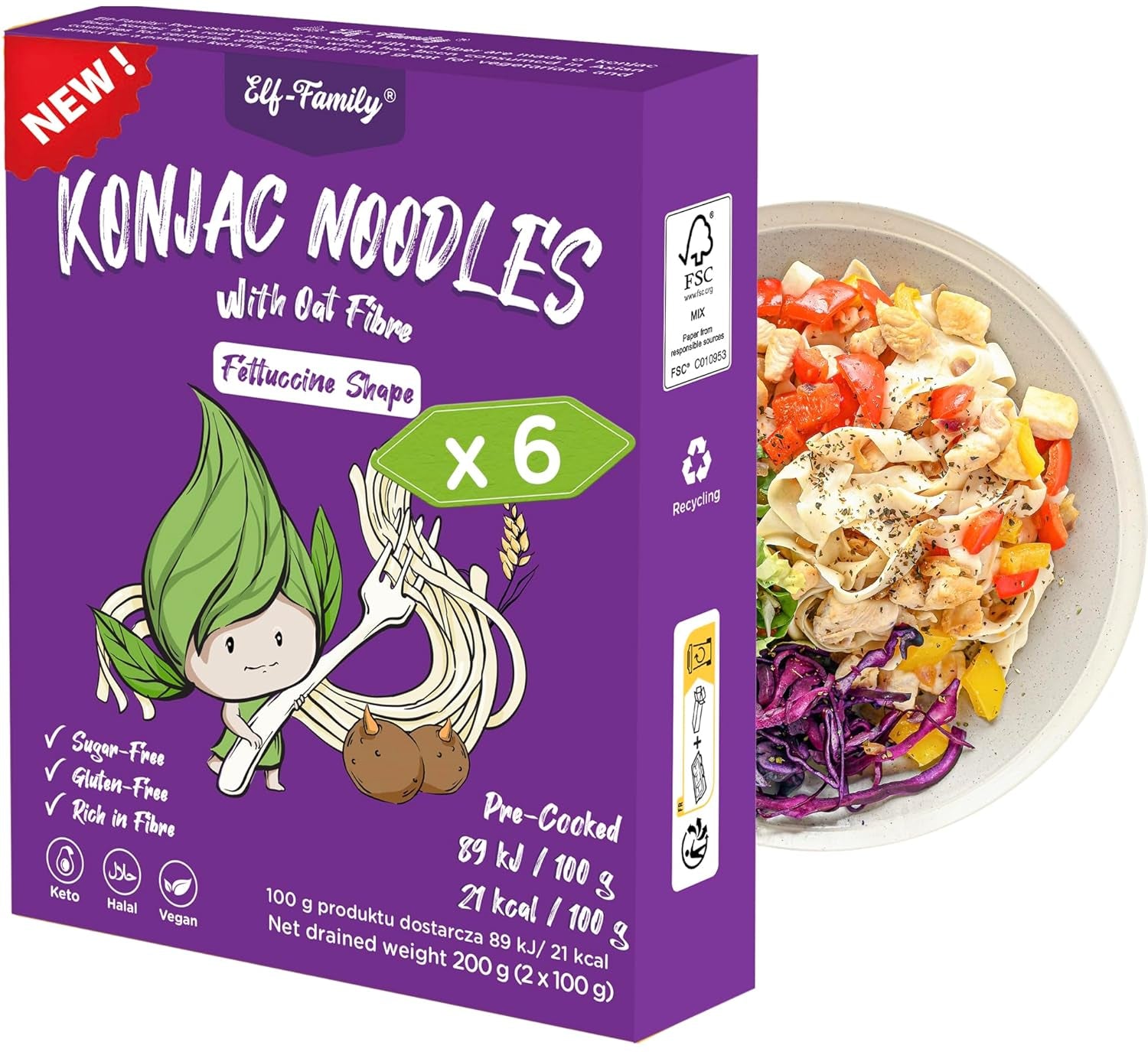 Prémiové konjacové nudle z Thajska, veganské, bezlepkové - 240 g x balení 6 ks (12 balení), nudle Shirataki Elf-Family, instantní nudle, těstoviny/keto/nízkosacharidové/nízkokalorické/bez cukru – špagety a fettuccine