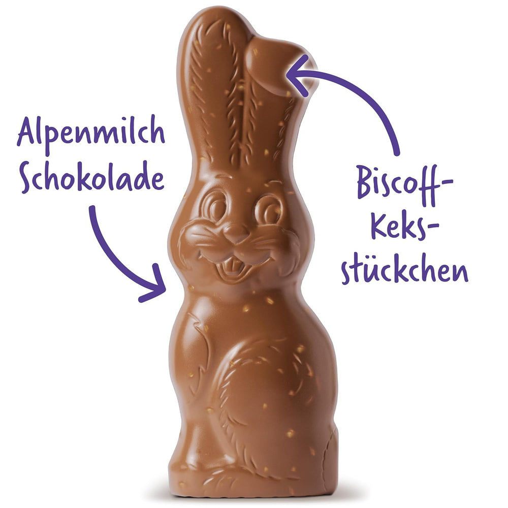 Milka Smiling Bunny Biscoff – jemný velikonoční zajíček s čokoládou a kousky sušenek Lotus Biscoff – 95g