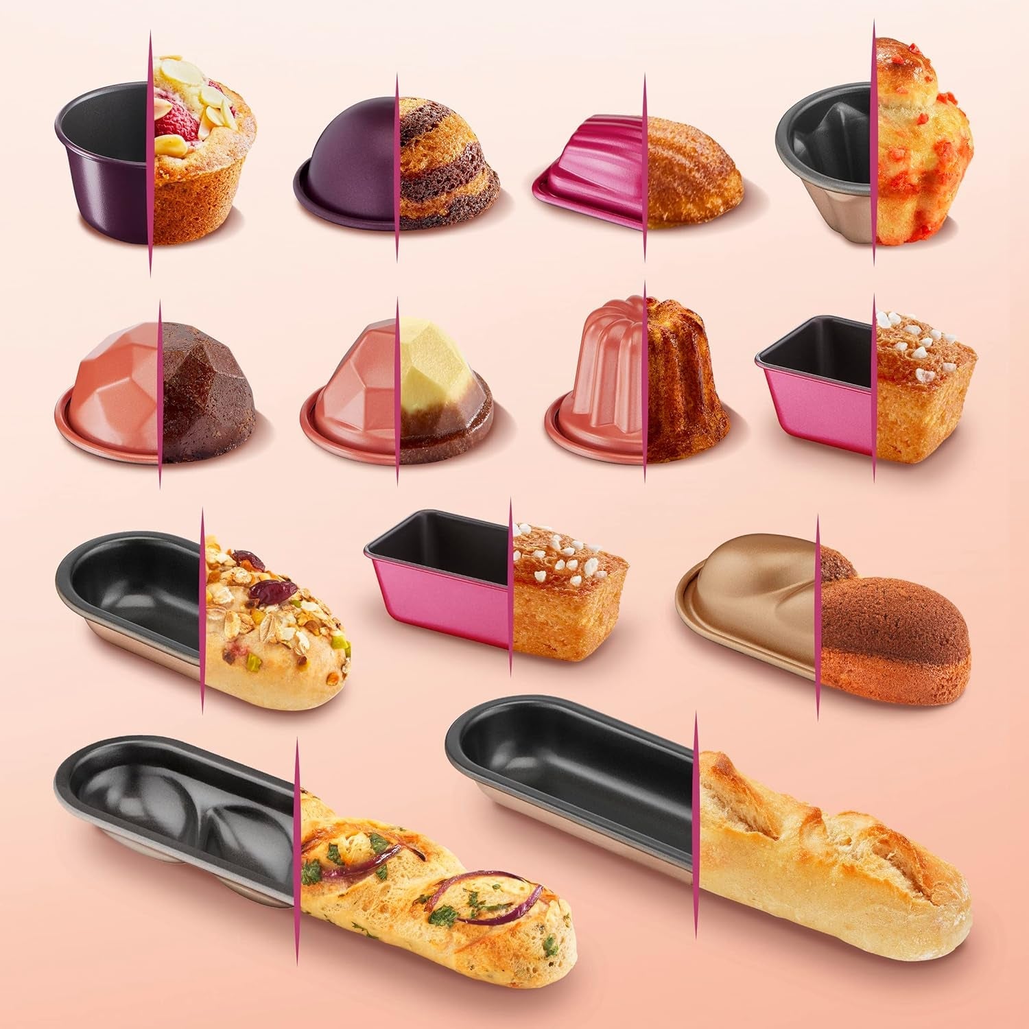 Set de 3 mulinete de madeleine Tefal Creabake J3079904 Rose