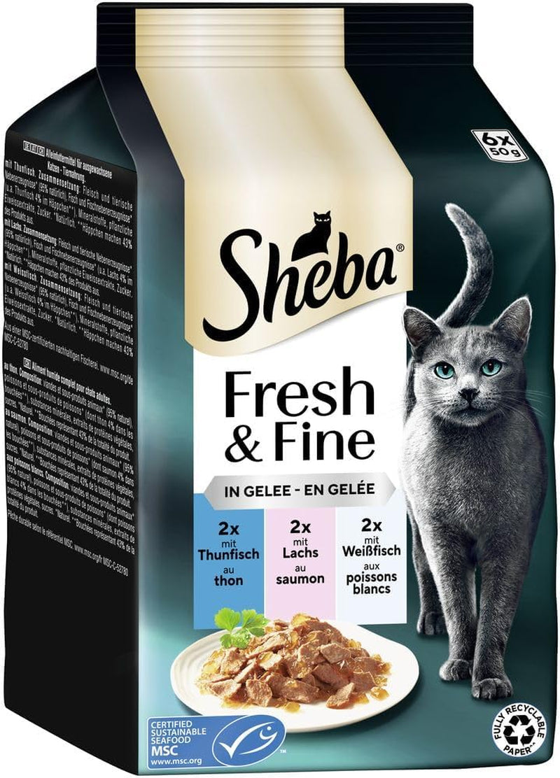 Sheba Portion Pouches Hrană umedă pentru pisici, pachet multiplu Fresh & Fine în jeleu cu ton și somon MSC, 6x6x50g - Mese sănătoase pentru pisici cu jeleu