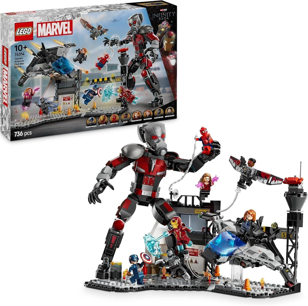 LEGO Marvel Captain America: Civil War Action Duel - Superhrdinská herní sada s 8 minifigurkami - Hračka na stavbu letadla a herní sadu - Dárek pro chlapce a dívky 76314 Stavebnice Besuche den LEGO-Store Výchozí název
