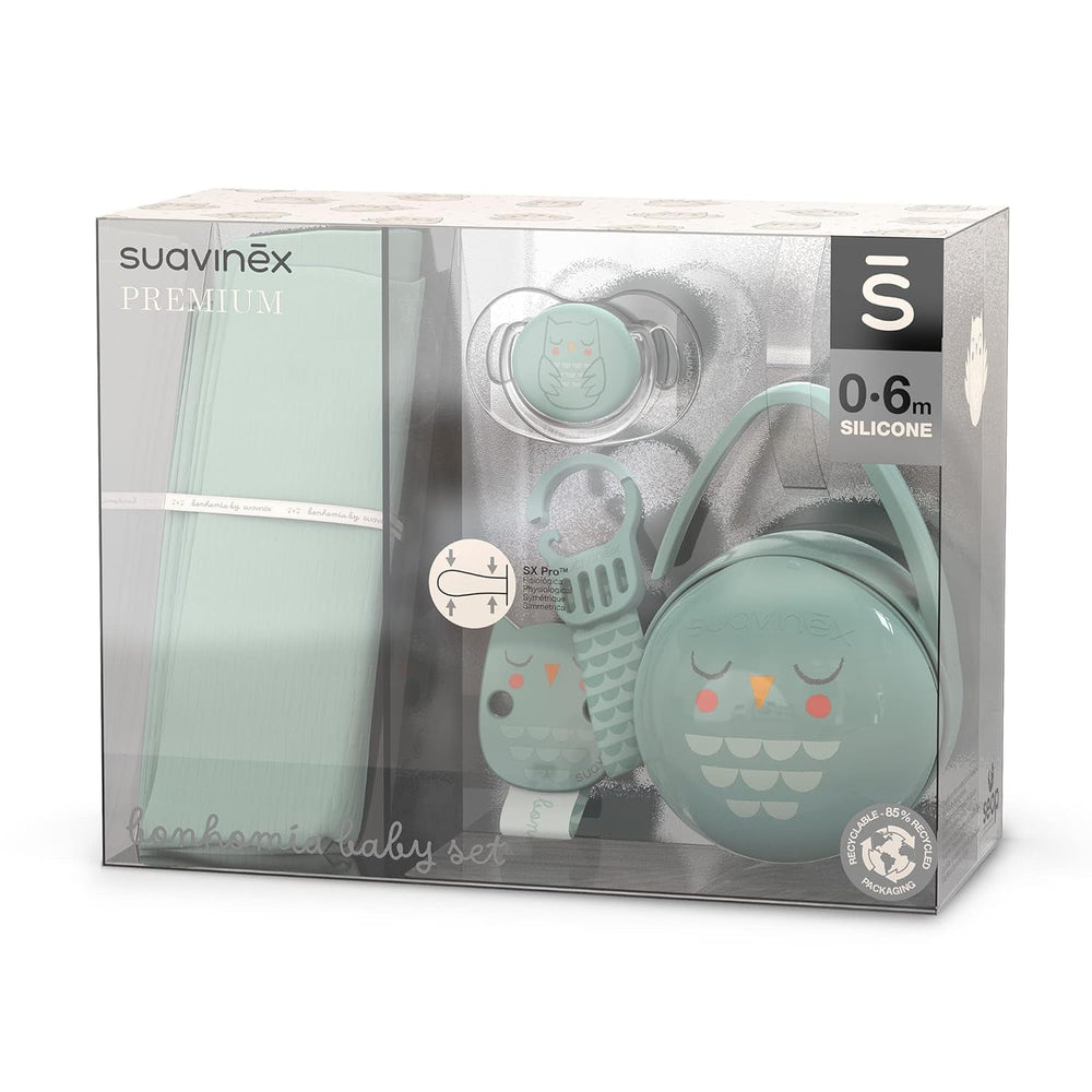 Set cadou Suavinex pentru nou-născuți. Set cu 4 piese, inclusiv: suzetă Physiological SX Pro pentru bebeluși 0-6 luni + suport pentru suzetă + husă pentru suzetă Duo + inel de dentiție din silicon. Wonderland, bej