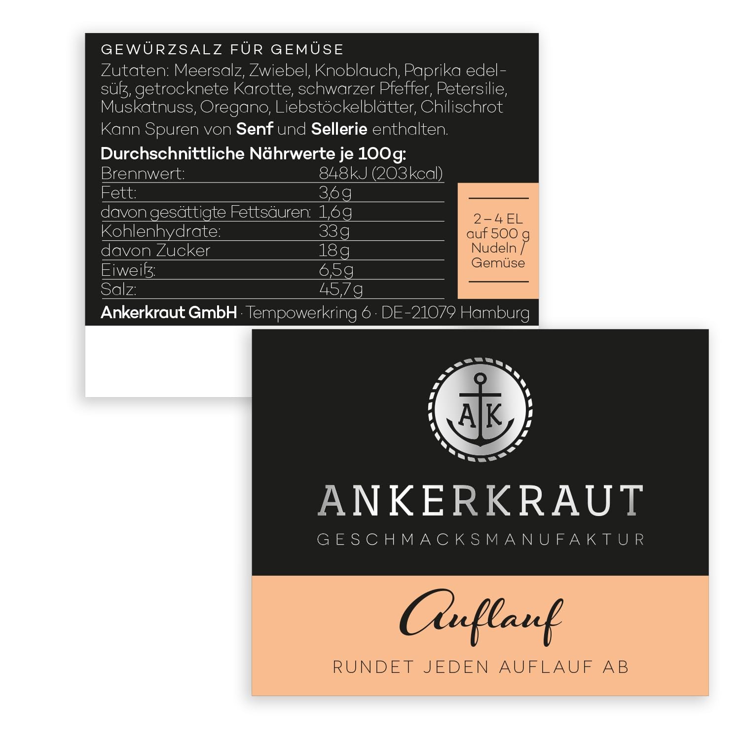 Ankerkraut Auflauf, für Gemüse-, Kartoffel- und Nudelauflauf, Gewürzsalz mit Pfeffer, Parsilie, Knoblauch, Karotte, 90 g v Korkenglas