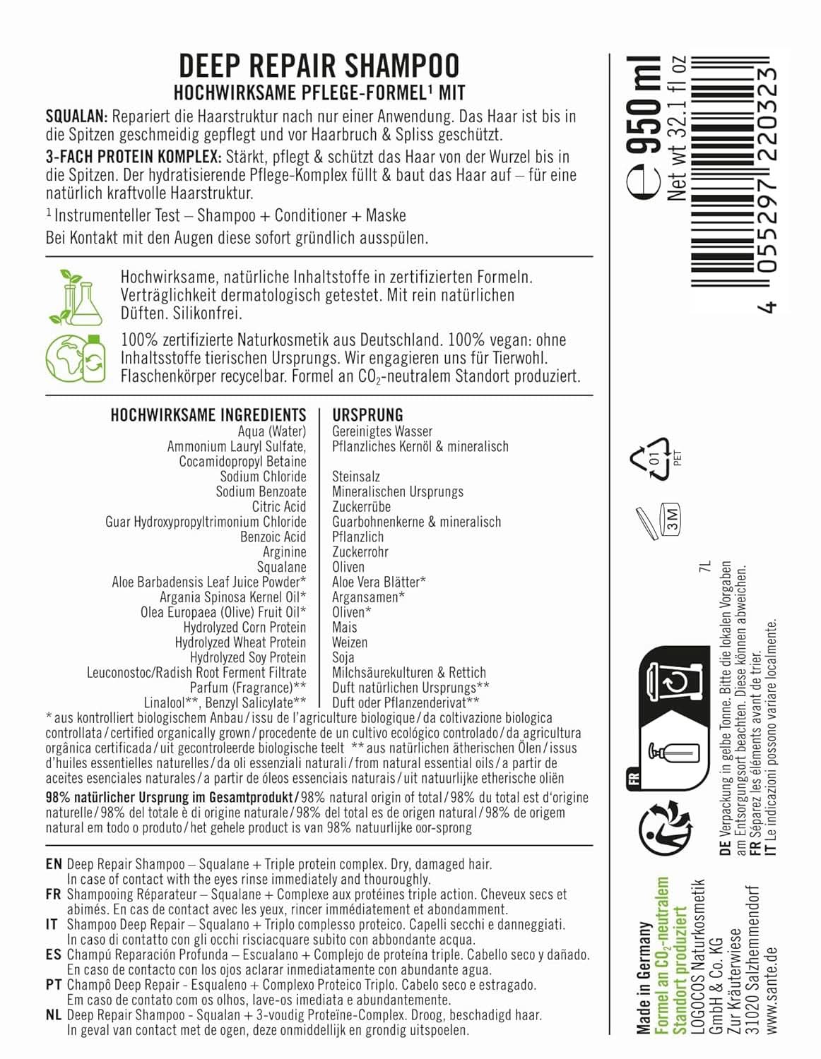 SANTE Naturkosmetik, veganský pečující šampon pro hladké a lesklé vlasy, 950 ml Sprcha a vana Naty Shop