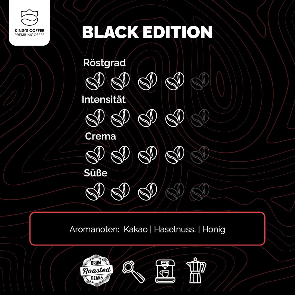 KING'S COFFEE - EDIȚIE NEAGRĂ - 1 kg Boabe de Cafea Crema Intense - Cafea cu Aciditate Scăzută - Prăjire în Loturi Mici din Italia - Boabe de Espresso Arabica Puternic (Amestec) pentru Aparate Complet Automate și Portafiltru