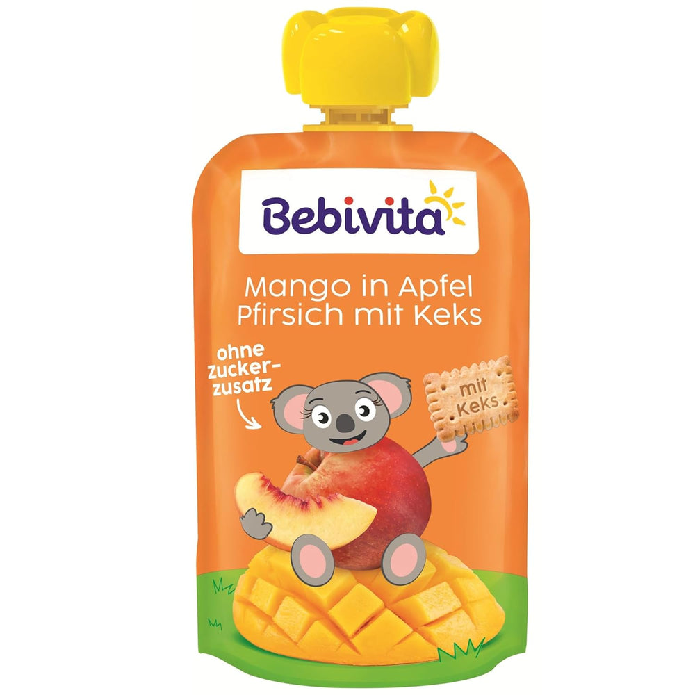 Mango v jablečné a broskvové omáčce se sáčkem sušenek (6 x 120 g), bez přidaného cukru, vyrobené z jemného ovoce a cenných obilovin, ideální pro balené svačiny a na cesty.