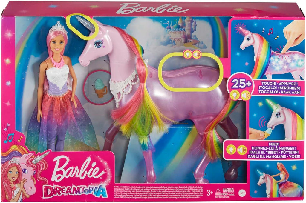 Barbie Dreamtopia Magical Magic Light Unicorn, cu 25+ lumini și sunet, incl. păpușă Barbie și unicorn, cadou pentru copii, jucărie de la 3 ani, GWM78 Papusi Naty Shop