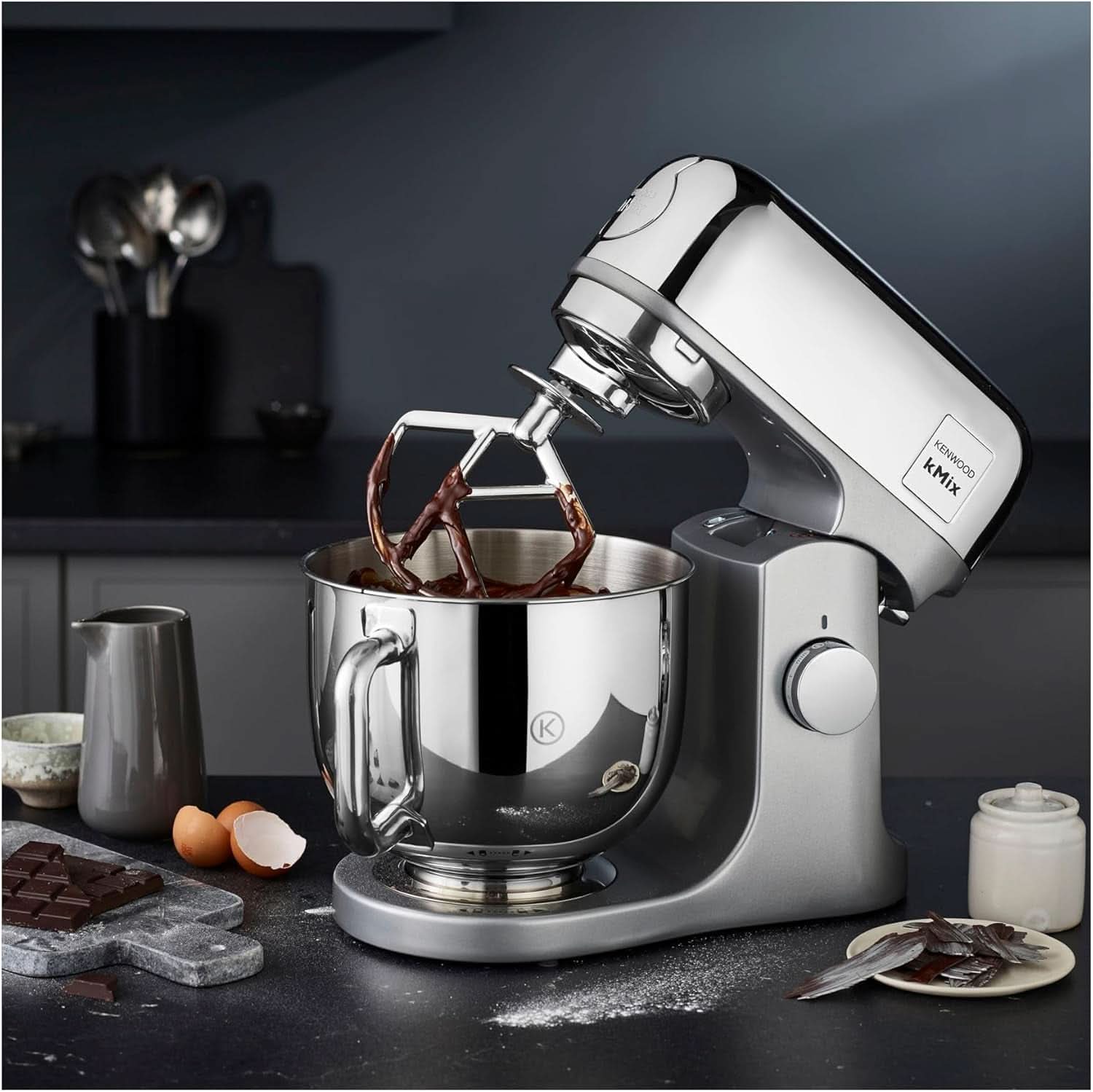 Kenwood Kmix Editions KMX760CH Küchenmaschine, 5 L Edelstahl Schüssel, Safe-Use-Sicherheitssystem, Metallgehäuse, 1000 Watt, Inkl. 3-Teiligem Patisserie-Set Und Spritzschutz, Chrom Mama si Copilul Naty Shop