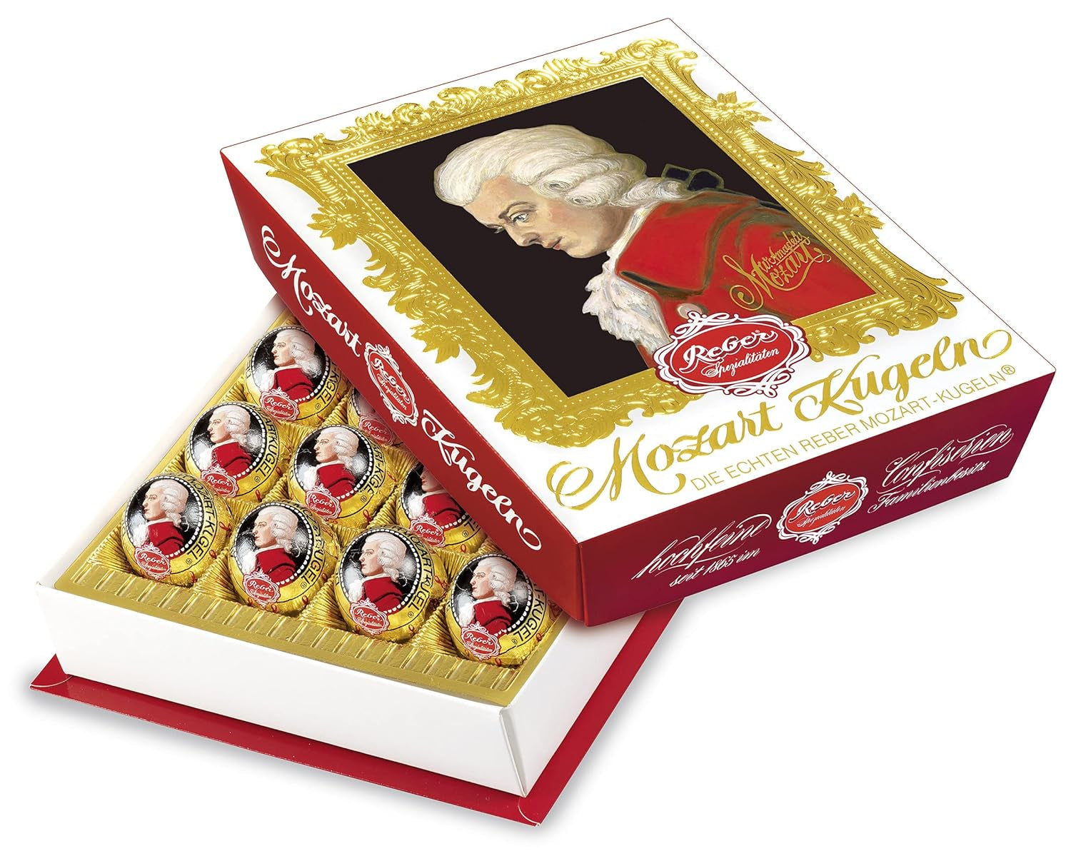 Reber Mozart kuličky s hořkou čokoládou, balení 6 ks s marcipánem a nugátem, veganské - 1 x 120 g