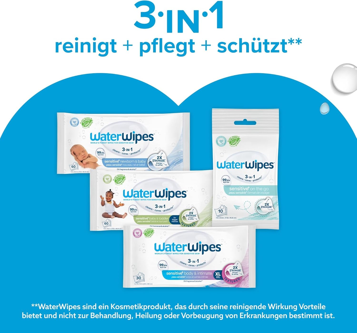 WaterWipes Sensitive+ vlhčené ubrousky pro novorozence a kojence, počet 720 (12 balení), 3 v 1 čištění, péče, ochrana, 99,9 % vody, bez parfemace