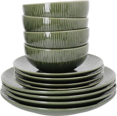 Set de veselă Mikasa Jardin cu 12 piese, set de veselă din gresie pentru 4 persoane cu farfurii, farfurii laterale și boluri, verde - cutie cadou și lavabilă în mașina de spălat vase
