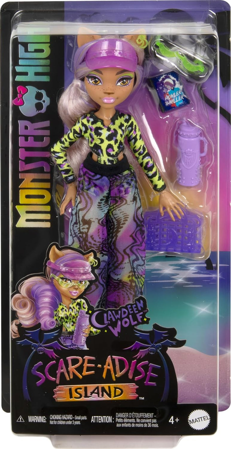 Ostrov Monster High Scare-adise Clawdeen Wolf Puppe s Badeanzug, Jogger und Strandzubehör wie Visier, Wasserflasche und Buch
