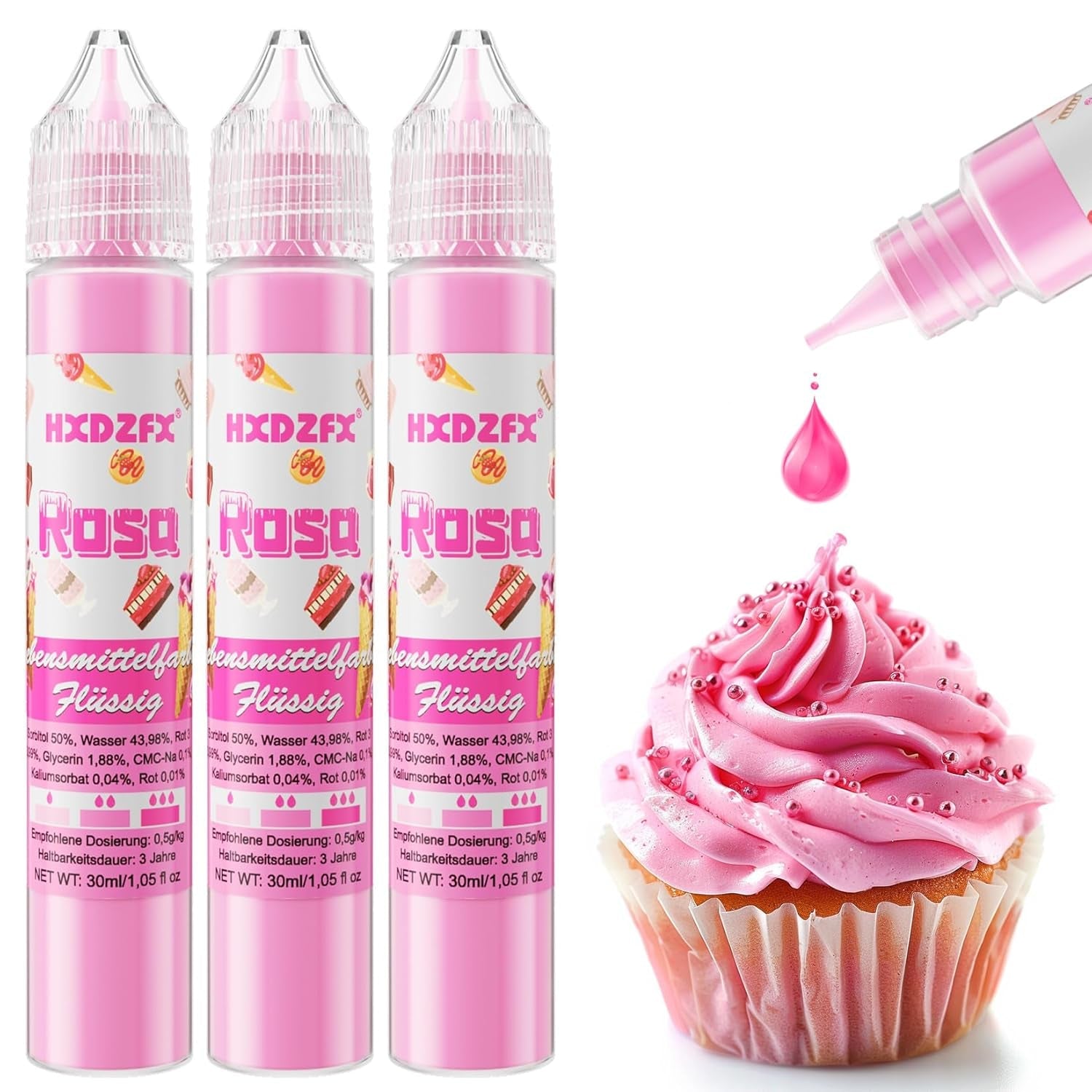 Colorant alimentar - Colorant alimentar lichid, Colorant alimentar foarte concentrat, Coloranți alimentari lichizi pentru copt, Decorare tort, Fursecuri, Macarons, Ouă de Paște, Aluat - 3 × 30ml (Roșu de Crăciun)