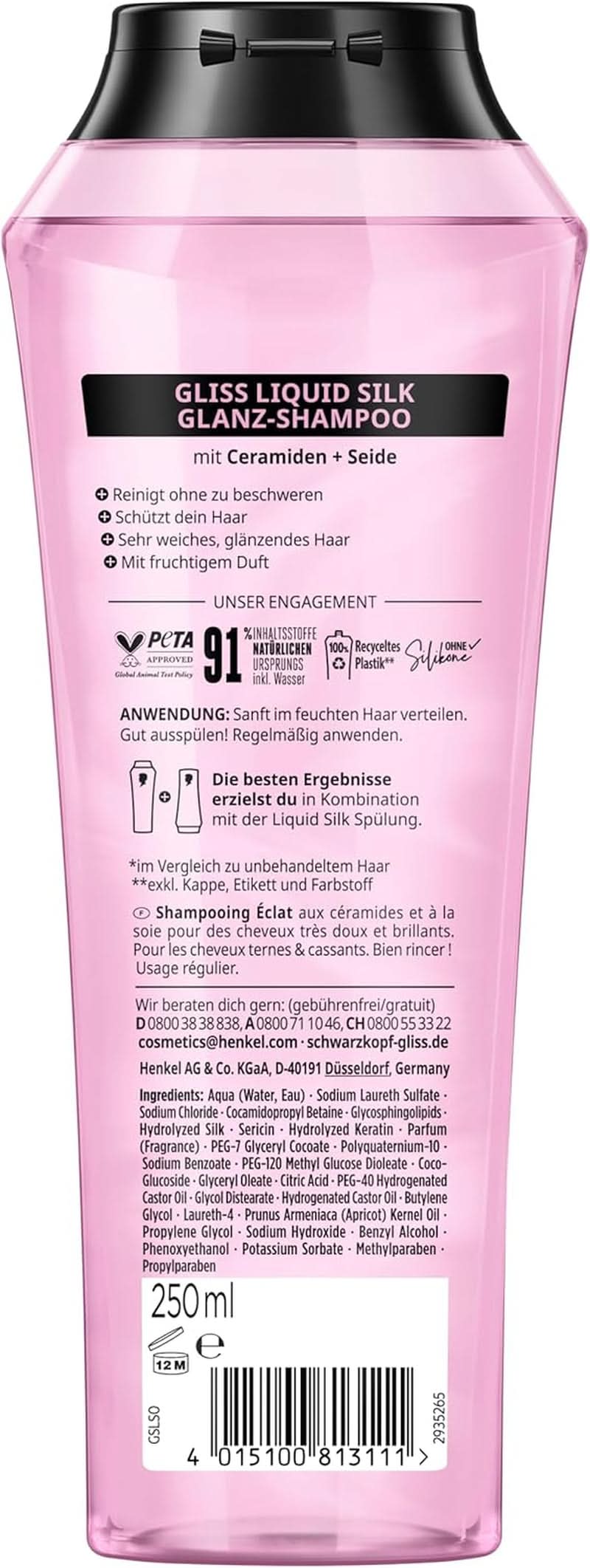 Gliss Shampoo Liquid Silk (250 ml), pro křehké a matné vlasy Sprcha a koupel Naty Shop