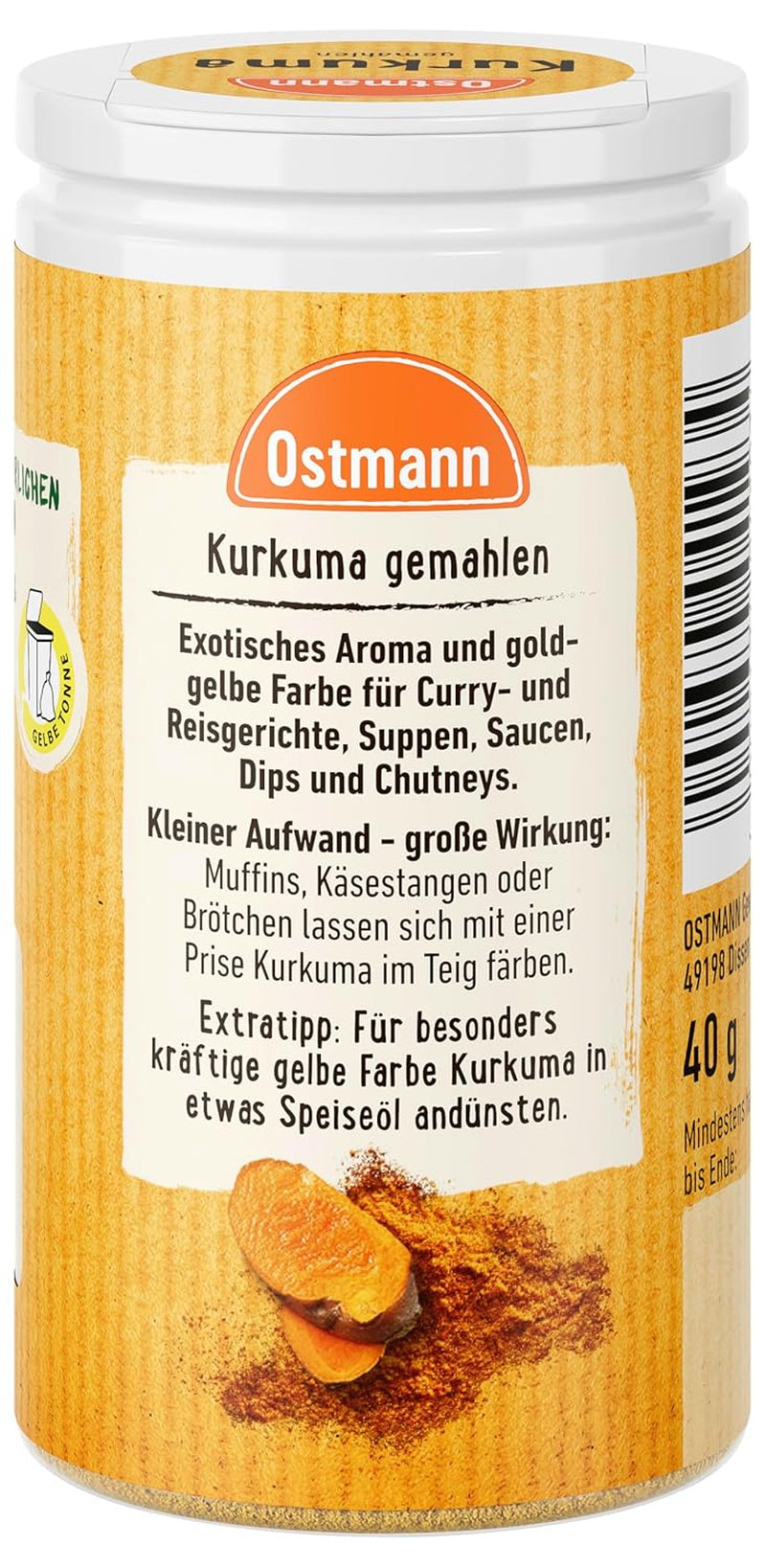 Ostmann Gewürze - Kurkuma gemahlen | Perfektes Gewürz für Curry- und Reisgerichte | Verleiht Gerichte eine goldgelbe Farbe | Přírodní ingredience | 40 g v Der Streudose