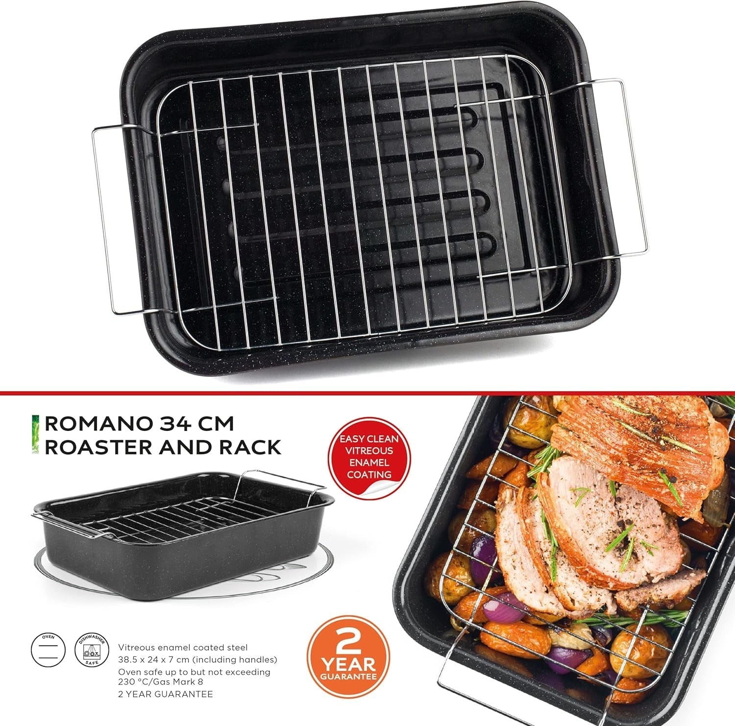 Russell Hobbs CW9161 Romano 34Cm Smaltovaný Bräter - Mit Gitter, Rechteckige Auflaufform Mit Rost, Spülmaschinenfest Ofenform, Grill Auflaufform, Bratform Für Backofen Ofenbeständig Bis 230° Formy a plechy na pečení Naty Shop