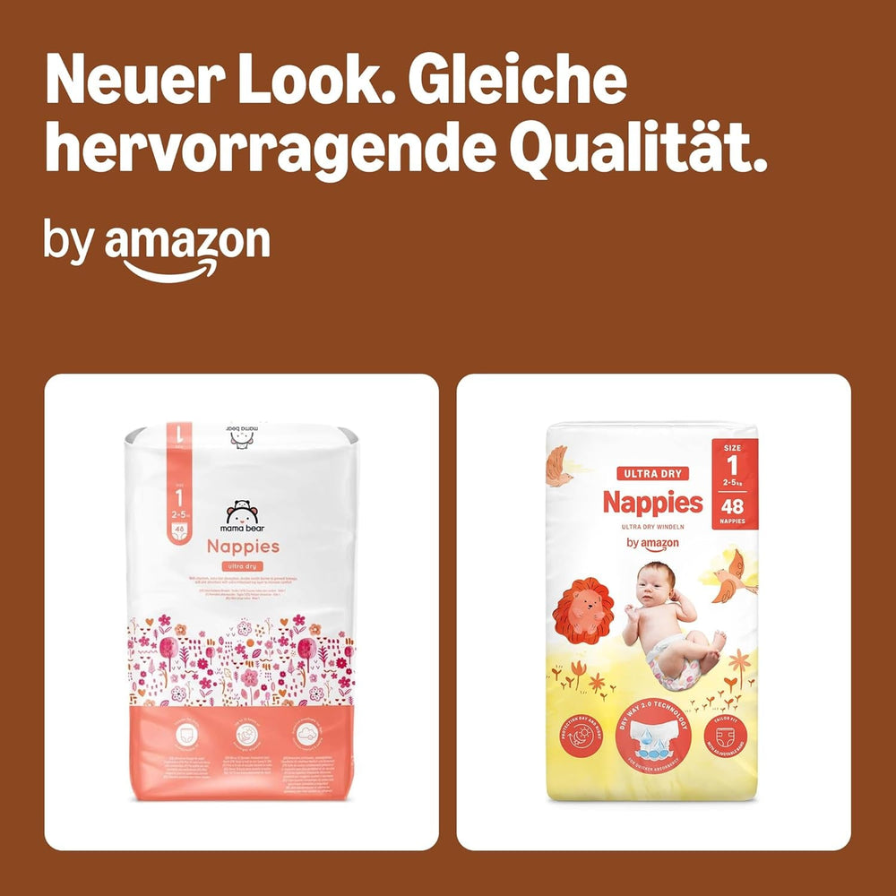 Scutece Ultra Dry de la Amazon, mărimea 1 (2-5 kg) - Cutie lunară, alb, 96 bucăți (2 pachete a câte 48) (anterior sub marca Mama Bear, produs identic)