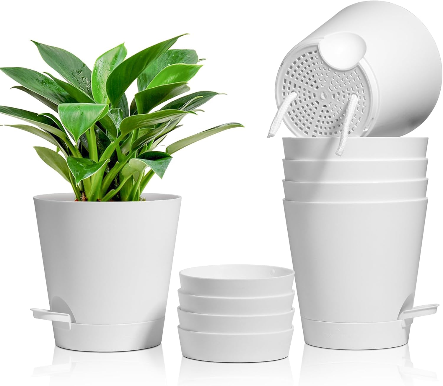 T4U 14cm plastové květináče se zavlažovacím systémem, sada 6 samozavlažovacích květináčů a podšálků, kulaté květináče pro pokojové rostliny na balkónové zahradě, sukulenty, kaktusy, bílá