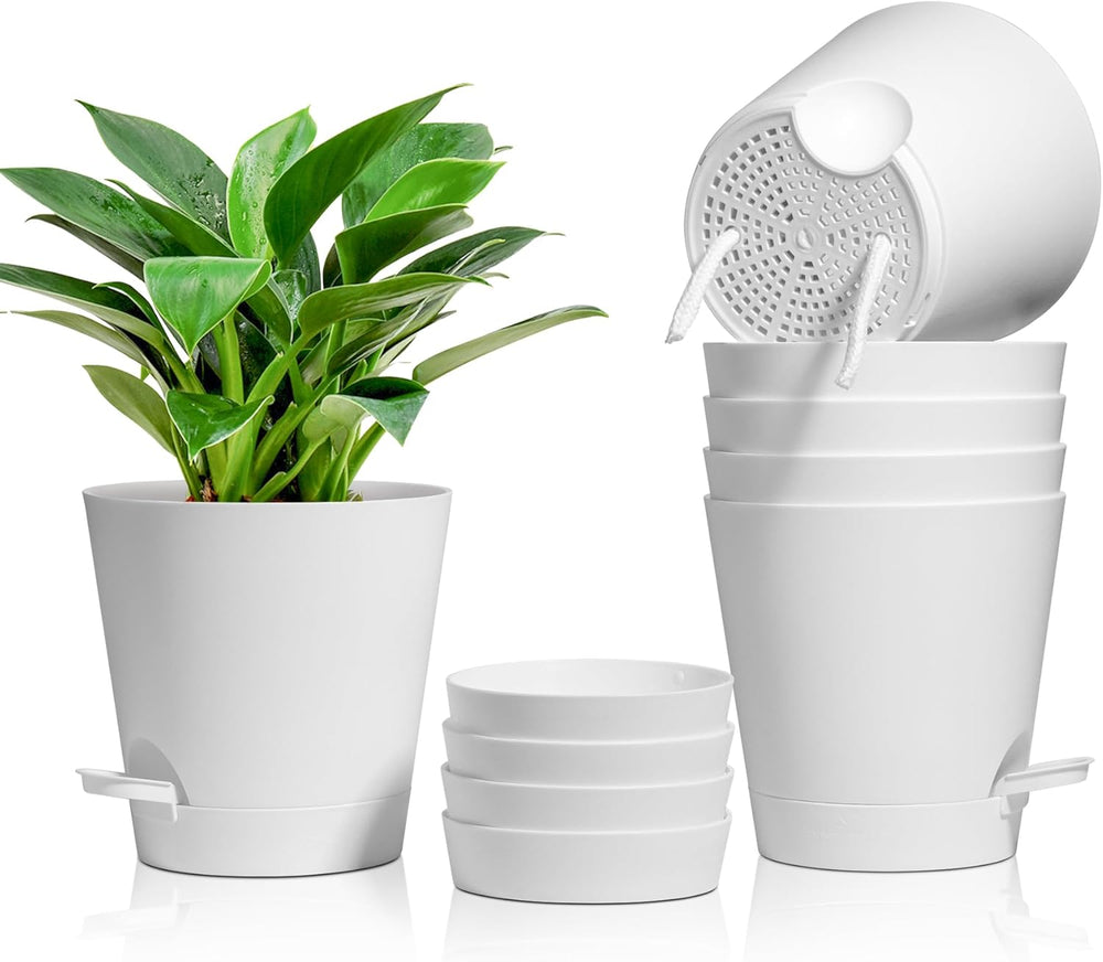 T4U 14cm plastové květináče se zavlažovacím systémem, sada 6 samozavlažovacích květináčů a podšálků, kulaté květináče pro pokojové rostliny na balkónové zahradě, sukulenty, kaktusy, bílá
