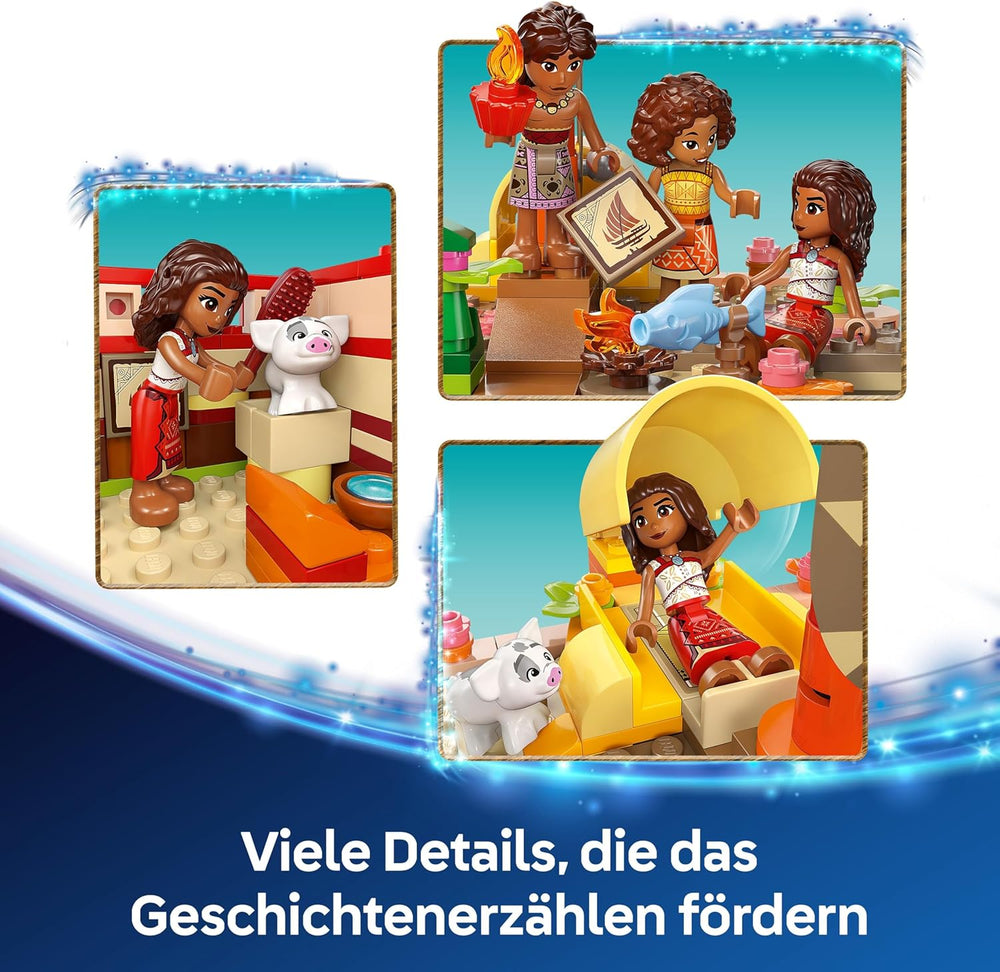 LEGO ǀ Disney Vaiana 2: Vaianas Abenteuerfloß - Botička s textilním pouzdrem, abnehmbarem Deck, Lagerfeuer a 3 minifigurky, vč. Loto und Moni – Geschenk für Mädchen ab 6 Jahren & Fans – 43270