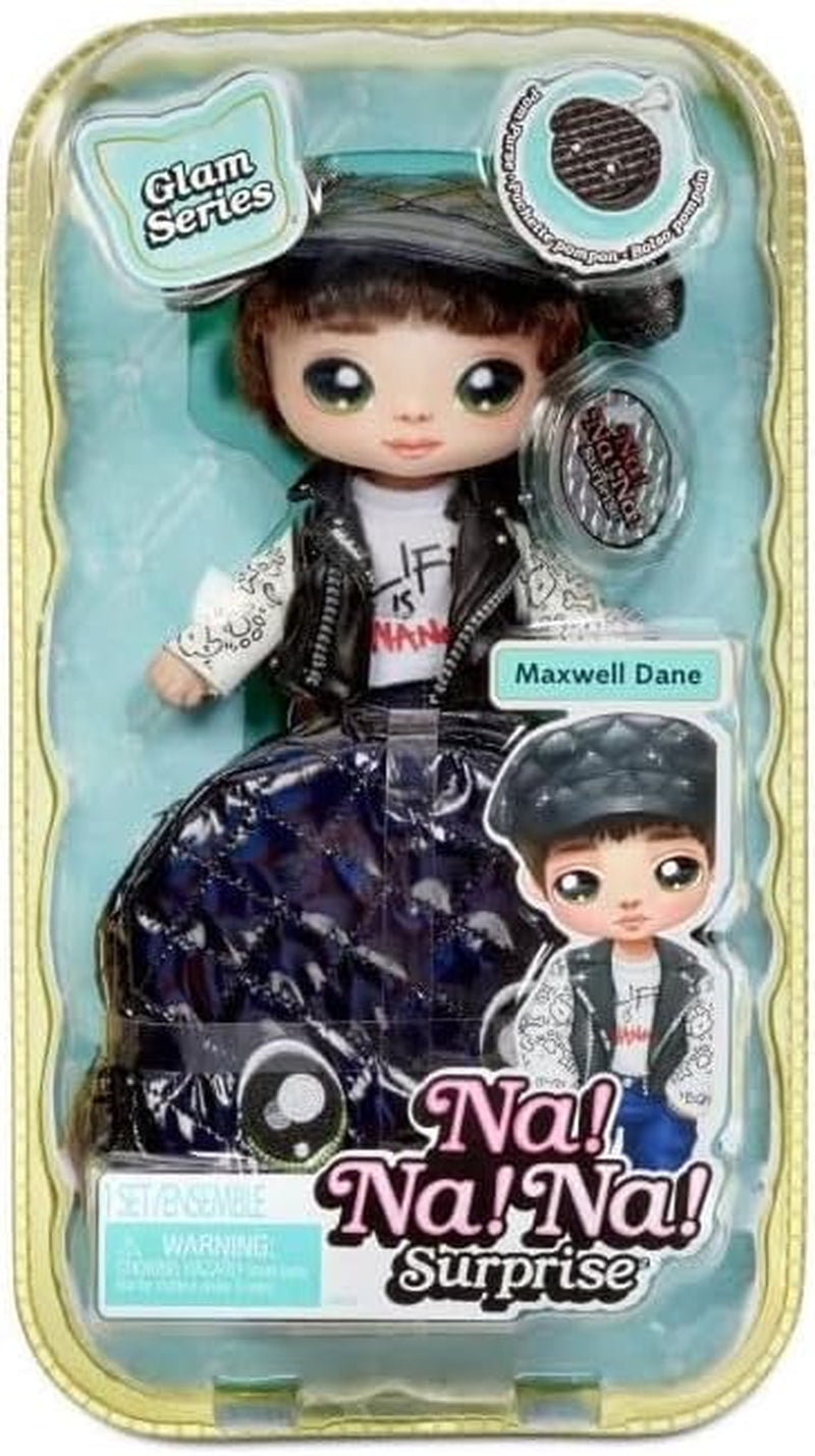 Na Na Na Surprise 2-v-1 Soft Modepuppe & Metallic Peněženka Glam Serie - Sammlerpuppe - Boy-Puppe s Braunen Haaren a Mütze se Hunde-Ohren and einer Welpen Tasche - Maxwell Dane