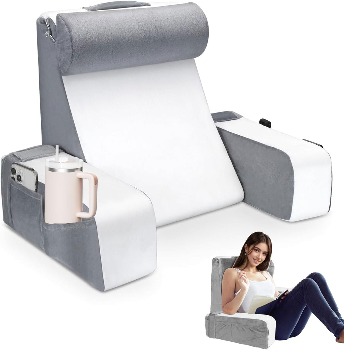 Pernă mare de citit pentru pat și canapea, pernă pentru spate pentru adulți cu suport pentru gât și cotiere, pernă ergonomică pentru spătar cu buzunar și husă lavabilă pentru odihnă, citit, vizionat la televizor (WH)