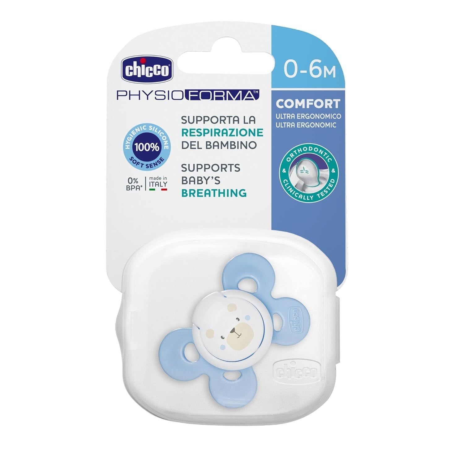 Chicco PhysioForma Comfort Suzetă 16-36 Luni, Suzetă pentru bebeluși cu tetină din silicon, 1 bucată, Susține respirația fiziologică și dezvoltarea orală corectă, Albastră
