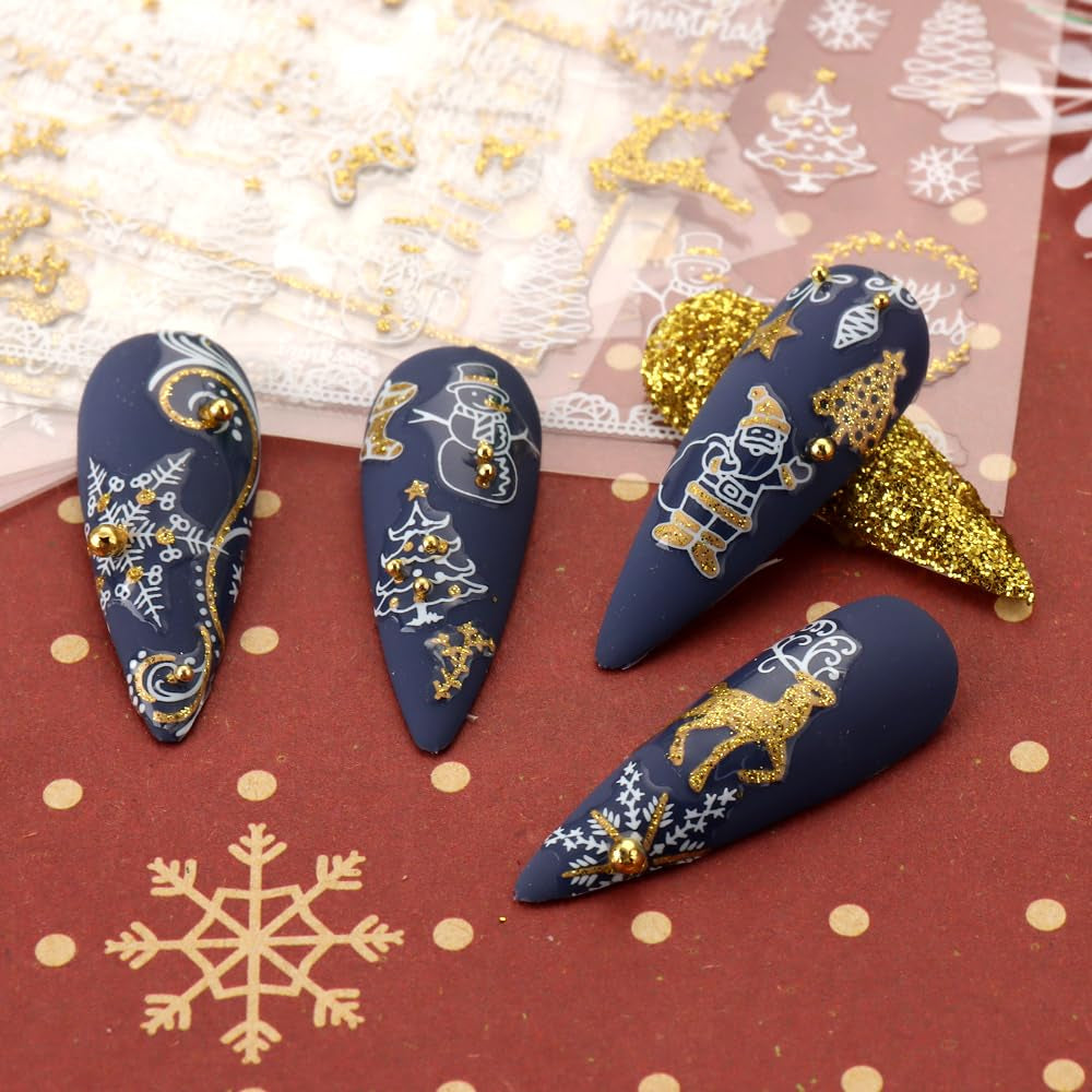 JMEOWIO Nagelsticker Weihnachten 9 Blatt Nail Art Sticker Selbstklebend Nagelaufkleber Schneeflocke Schneemann Festival Weißes Gold Dekoration Nageldesign Zubehör