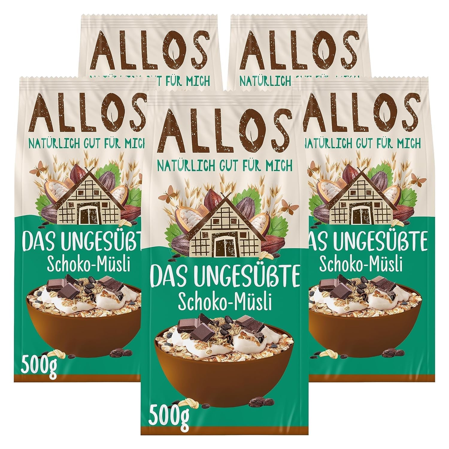 Muesli proteic neîndulcit Allos | Muesli organic | Fulgi de ovăz | Cereale pentru micul dejun | Vegan (5 x 450g), 1 bucată (pachet de 5)