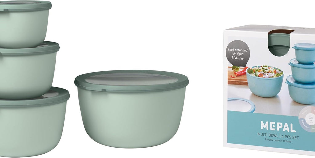 Mepal - Multi bowl Cirqula Round 4-piece set - Borcane de depozitare cu capac - Potrivit ca cutie de depozitare, frigider, congelator și cuptor cu microunde - 500, 1000, 2000, & 3000 ml - Nordic sage Cutii depozitare alimente Naty Shop Titlu implicit