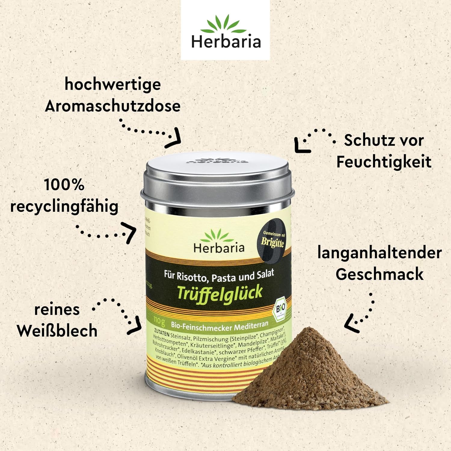 Herbaria Trüffelglück bio 110g M-Dose - Fertiges Bio-Pilz- & Trufflegewürz für intensiv-köstliche Gerichte - mit erlesenen Ingredience - in nachhaltiger Aromaschutz-Dose