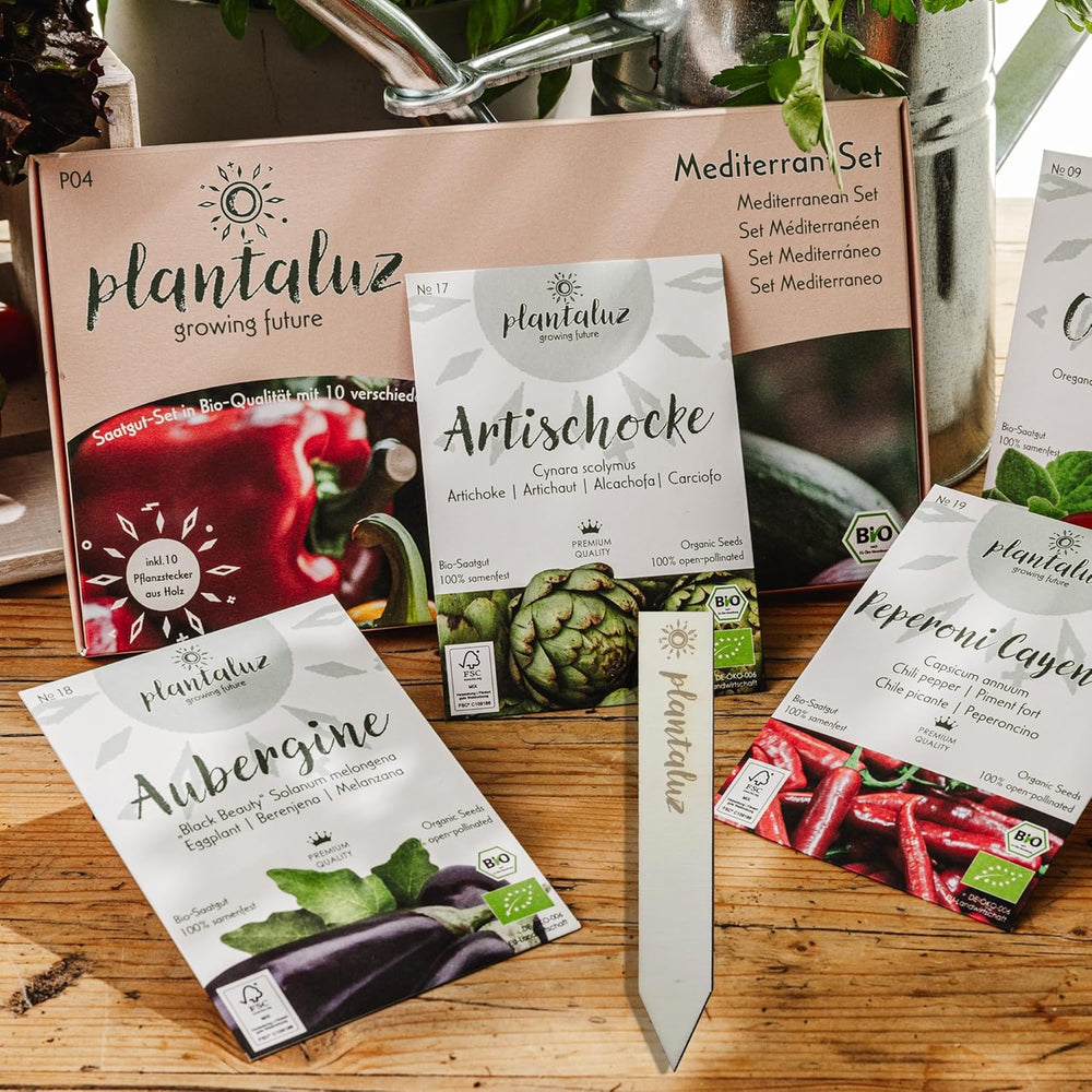 Plantaluz Prémiová sada organických semen P04 – Sada středomořských semen zeleniny a bylin s 10 odrůdami pro zahradu, balkón a vyvýšené záhony – Včetně FSC sázecích tyčinek – Volně opylovaná organická semínka bez GMO