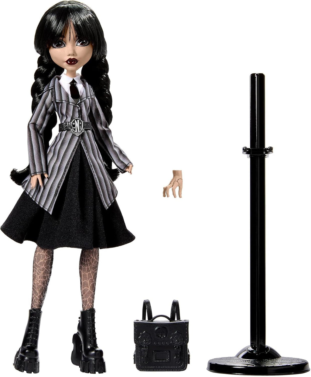 Păpușă și accesorii Monster High Wednesday, figurină de colecție Wednesday Addams în uniforma Nevermore Academy cu mână și rucsac Icy Cold, suport pentru păpușă, HXJ04 Papusi Naty Shop