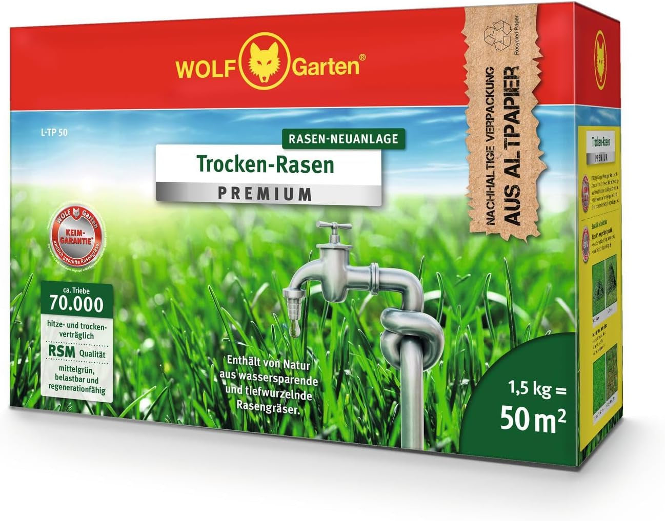Wolf-Garten Trocken-Rasen PREMIUM L-TP 100 (Für 100 M², Hohe Dichte Mit Ca. 70.000 Trieben/M2, Sehr Gute Hitze- Und Trockenverträglichkeit, Widerstandsfähig Gegen Frost, 3 Kg Faltschachtel) 3824641