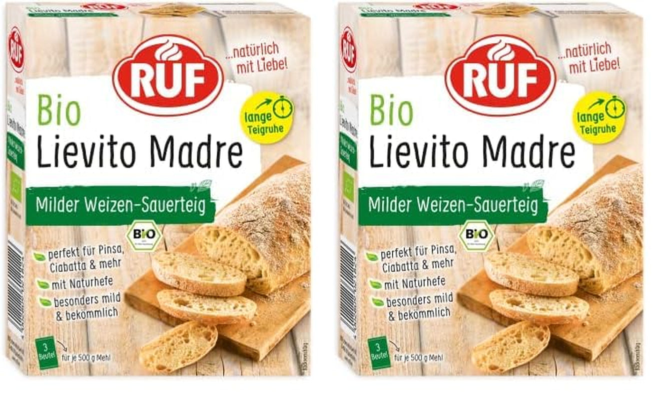 RUF Lievito Madre Sauerteig, Milder Weizen-Sauerteig, Mutterteig, Kurze Teigruhe Durch Enthaltene Trockenhefe, Lievito Madre Getrocknet Für Brot, Bageta, Focaccia, 3X35G Směs na pečení a vaření Naty Shop 105 G (2Erruhe Pack) Lange Teigruhe Pack