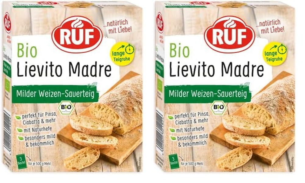 RUF Lievito Madre Sauerteig, Milder Weizen-Sauerteig, Mutterteig, Kurze Teigruhe Durch Enthaltene Trockenhefe, Lievito Madre Getrocknet Für Brot, Bageta, Focaccia, 3X35G Směs na pečení a vaření Naty Shop 105 G (2Erruhe Pack) Lange Teigruhe Pack