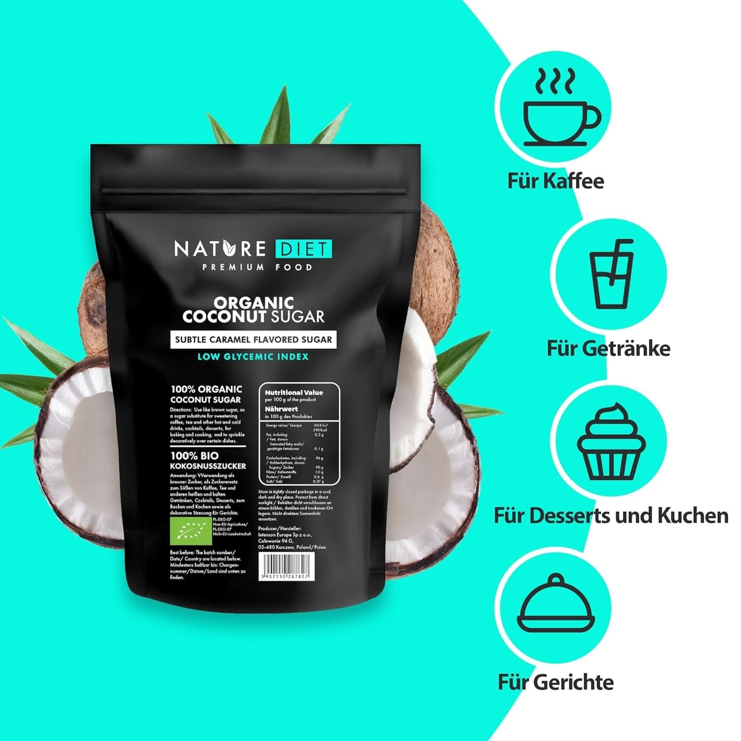 Bio kokosový cukr, karamelová příchuť, 1,5 Kg sladidla Naty Shop