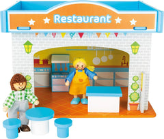 Small Foot 10852 Playhouse Restaurant Vyrobeno ze dřeva, Se 2 figurkami panenek, doplňky a odnímatelnou střechou, Od 3 let Domky pro panenky Restaurace Naty Shop