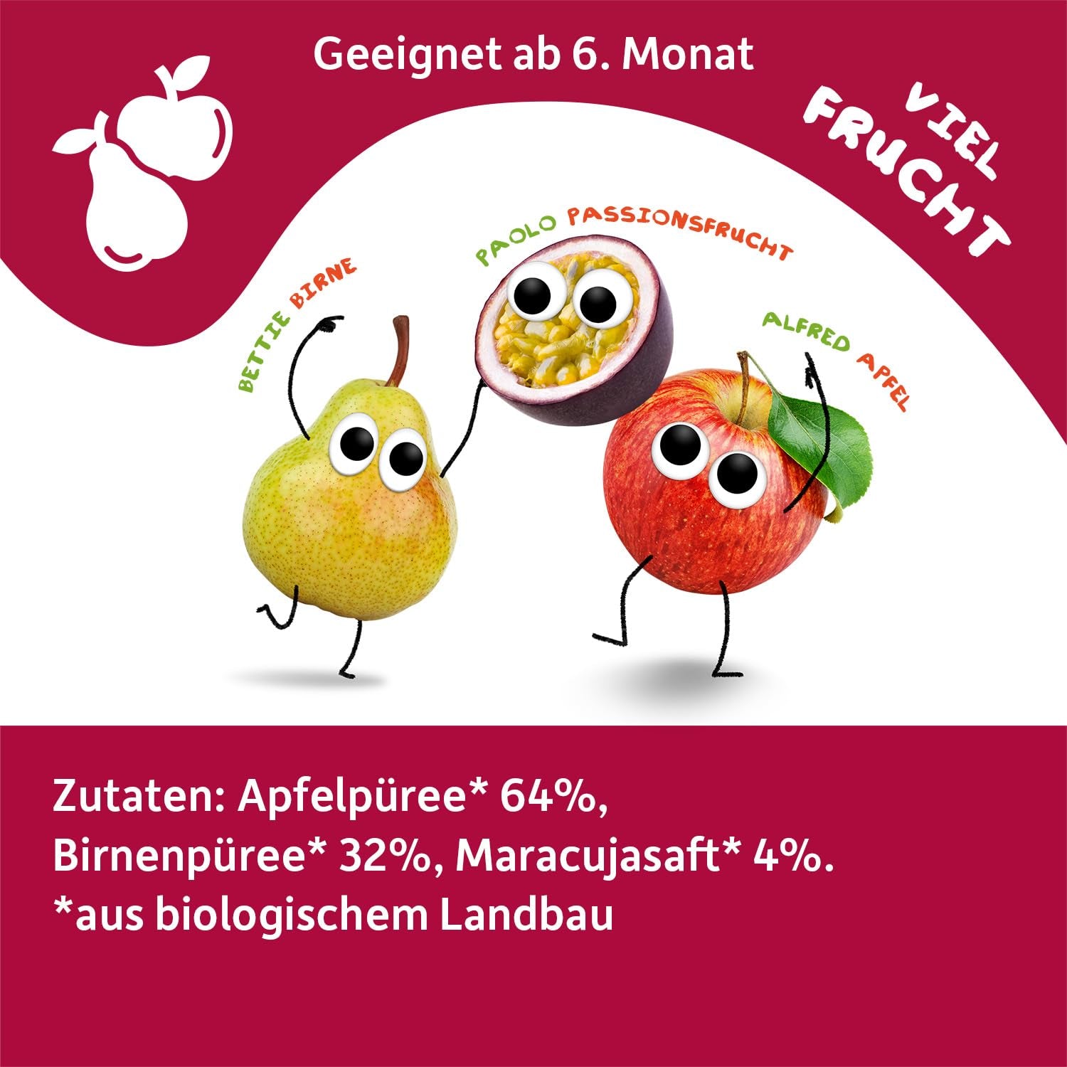 FRECHE FREUNDE Bio Quetschie Jablko, Birne & Maracuja, Fruchtmus mit Obst im Quetschbeutel für Baby from 6. Month, vegan, 6er Pack (6 x 100g)