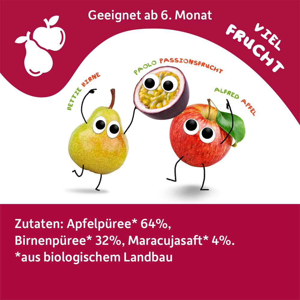 FRECHE FREUNDE Bio Quetschie Jablko, Birne & Maracuja, Fruchtmus mit Obst im Quetschbeutel für Baby from 6. Month, vegan, 6er Pack (6 x 100g)