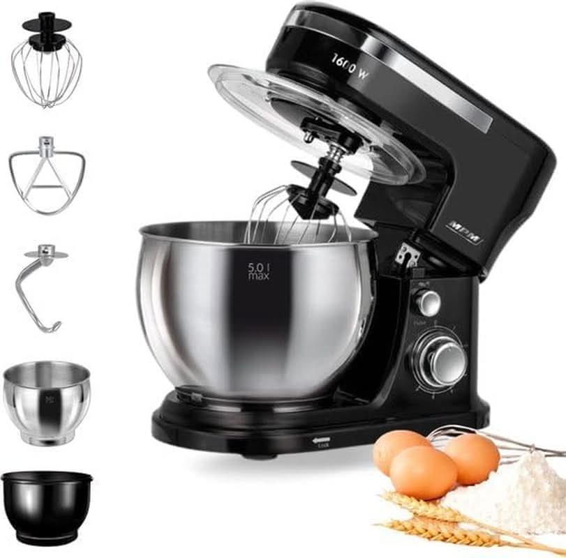 MPM - Planeten-Küchenmaschine Mit 2 Rührschüsseln 4 & 5 Liter - 1600W Küchenmaschine - Schwarz Mother and Child Naty Shop Mrk-21