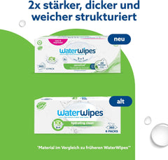 WaterWipes Sensitive+ Hydrating Boost vlhčené ubrousky, hydratační ubrousky, 360 kusů (6 balení), 3v1 čistí, pečují, hydratují, 99% voda z Aloe Vera, neparfémované dětské ubrousky
