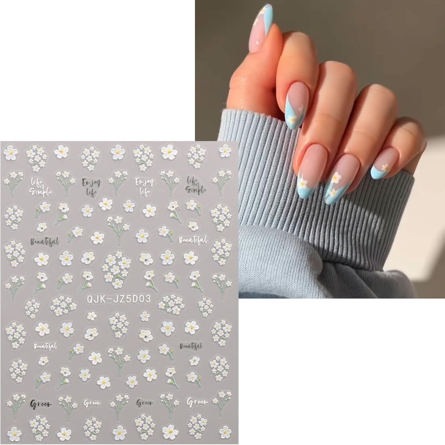 JMEOWIO 3D Nagelsticker Blumen Nail Art Sticker Selbstklebend Nagelaufkleber 5D Stereoskopisch Sommer Frühling Blumen Dekoration Nageldesign Zubehör 4 Blatt
