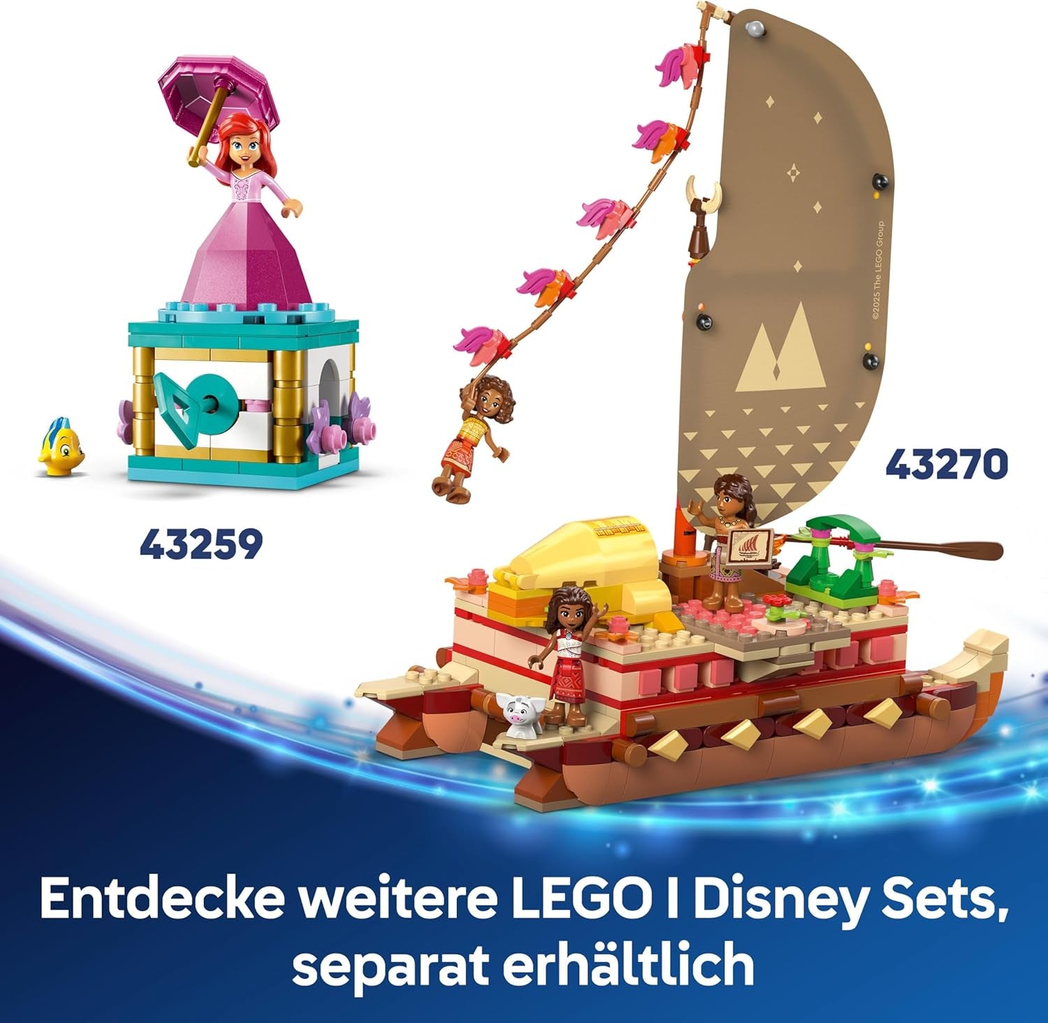 LEGO ǀ Disney Vaiana 2: Vaianas Abenteuerfloß - Botička s textilním pouzdrem, abnehmbarem Deck, Lagerfeuer a 3 minifigurky, vč. Loto und Moni – Geschenk für Mädchen ab 6 Jahren & Fans – 43270
