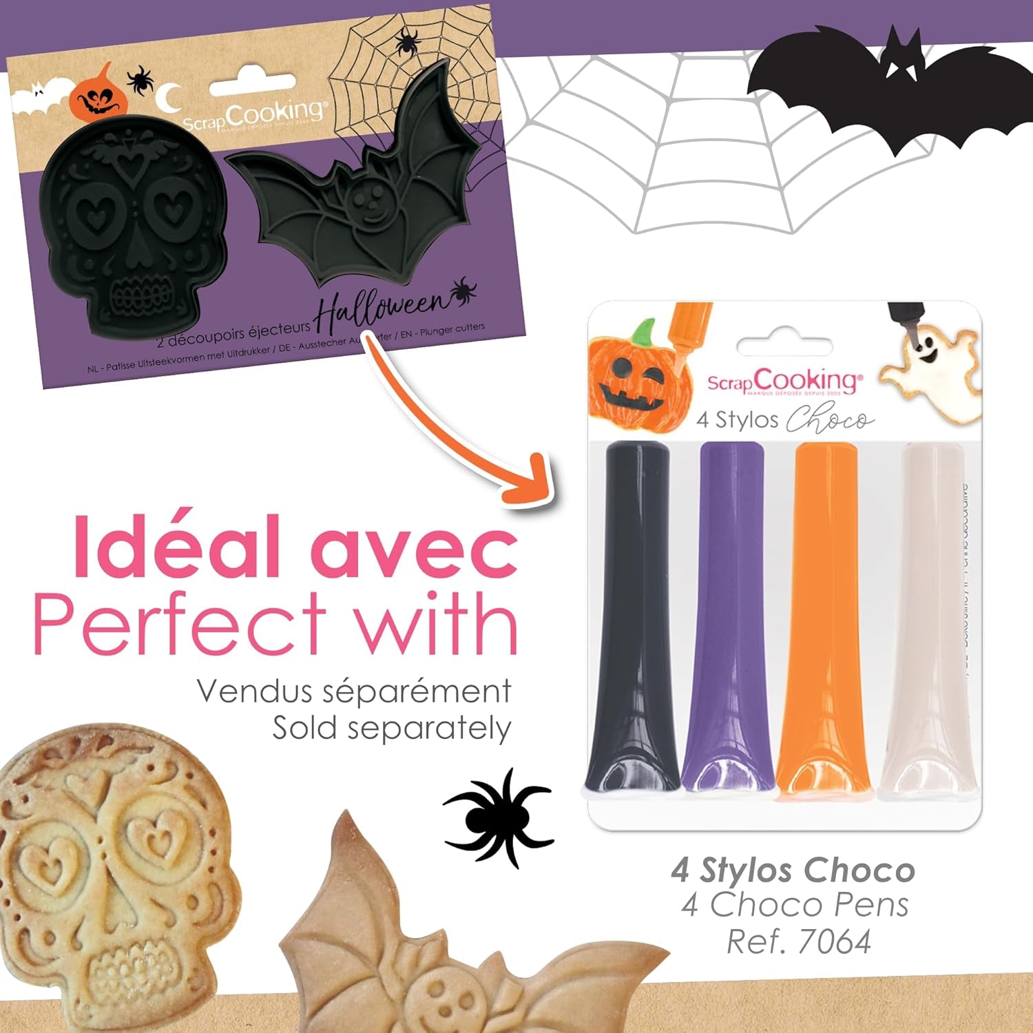 ScrapCooking - 2 Forme de Biscuiți Halloween – Calavera și Liliac – Forme de Biscuiți 3D – Forme de Gofrare – Craniu Mexican – Forme de Biscuiți – 2142